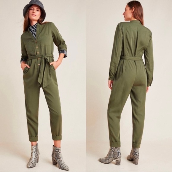 Anthropologie Pants - Anthropologie Preston utility jumpsuit belted olive green button down